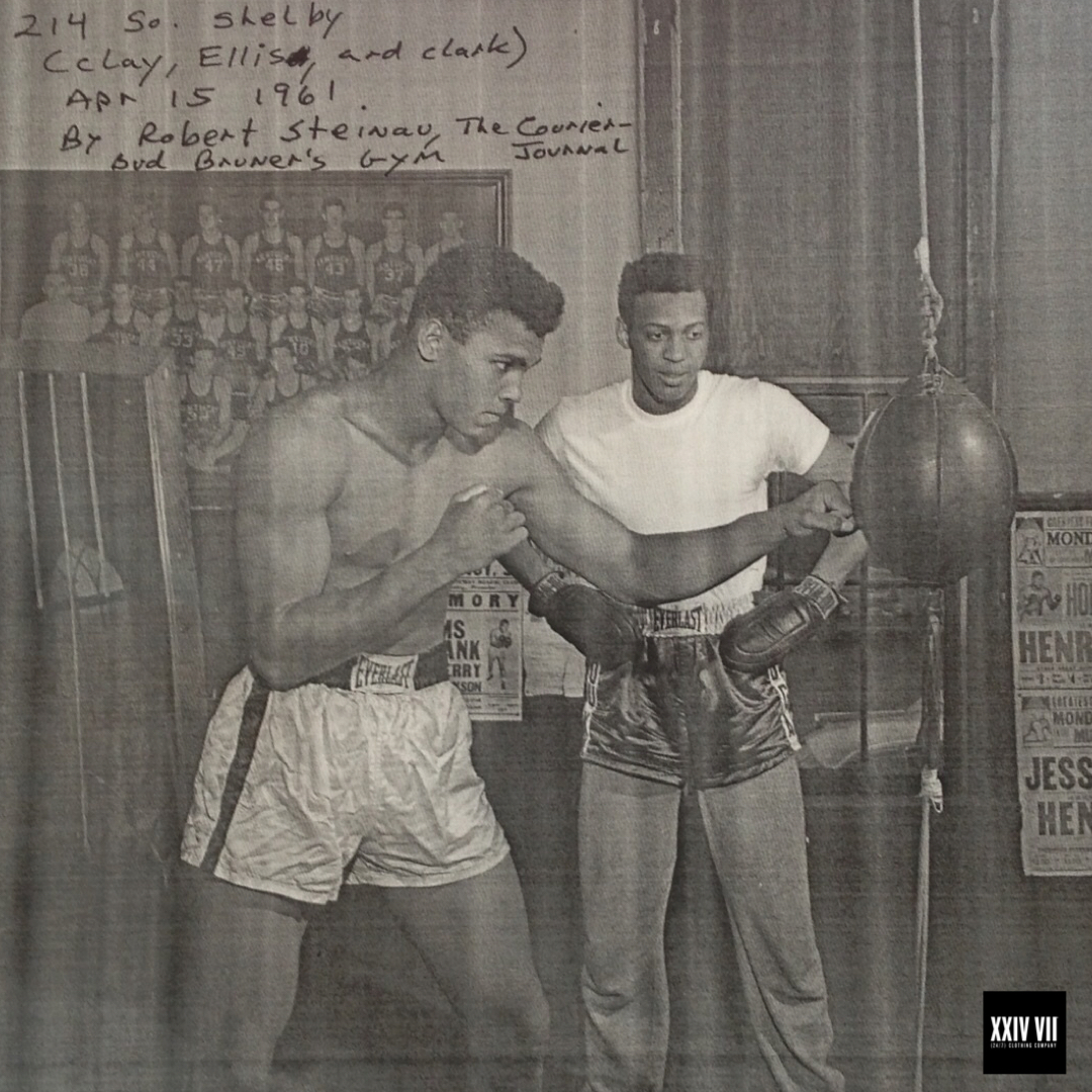 Cassius Clay (Muhammad Ali) with Jimmy Ellis training inside Bruner's Headline Boxing Gym, Louisville Kentucky